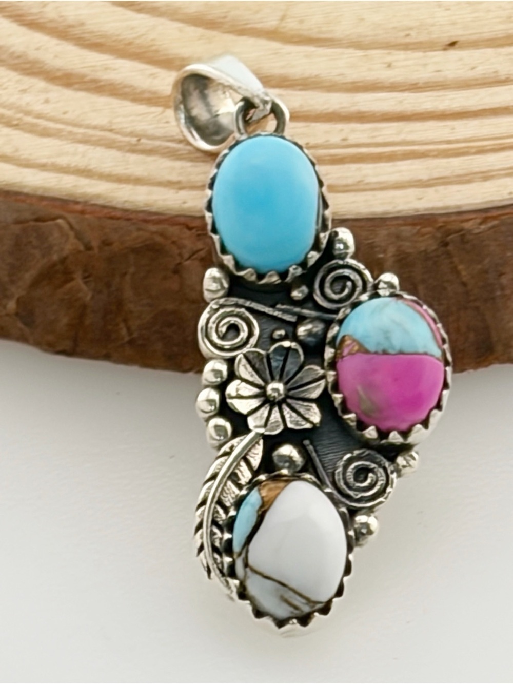 Sterling Silver 925 Genuine Cotton Candy Dahlia Kingman Turquoise Pendant